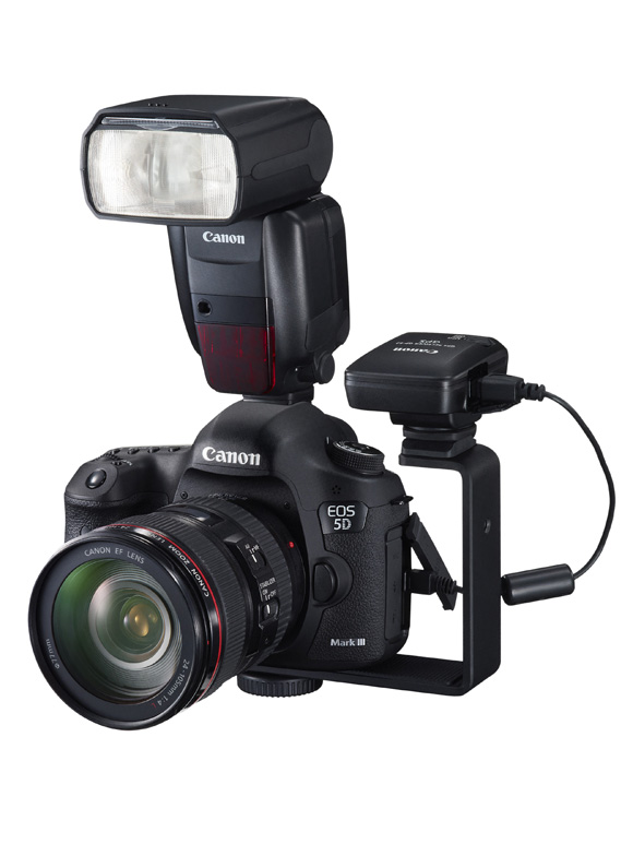 Bild: Canon GP-E2 GPS monterad på kamera med AB-E1 tillbehörsskena